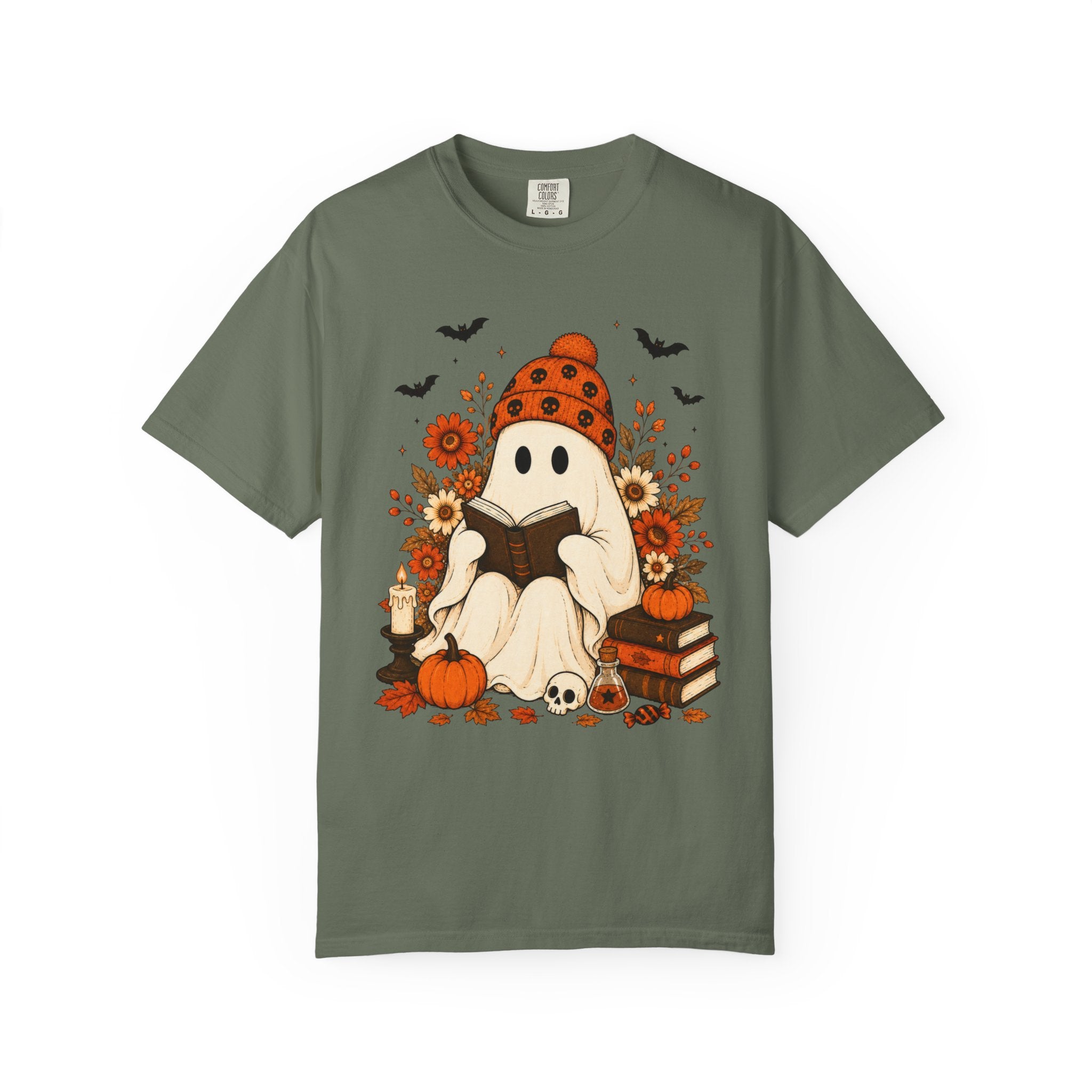 Cozy Halloween Ghost Tee — Reading Ghost with Pumpkin & Books
