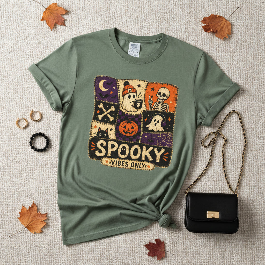 Spooky Vibes Only Halloween T-Shirt- Cute Ghost & Pumpkin Graphic Tee