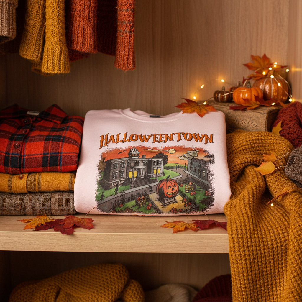 A light pink crewneck sweatshirt featuring a Halloween-themed graphic print on the front with the text 'HALLOWEENTOWN' and 'Est. 1998' surrounding an illustration of haunted houses, a pumpkin, and a full moon.