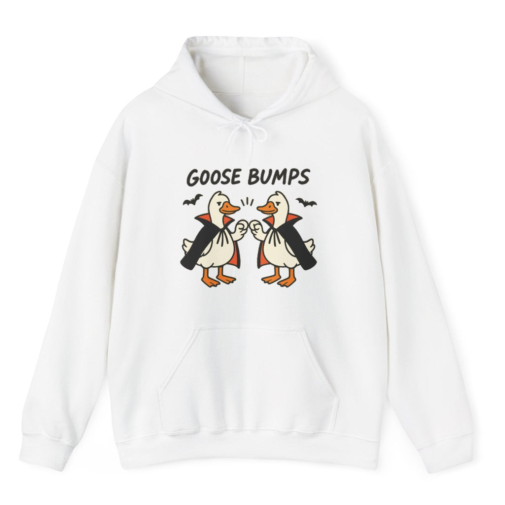 A white hoodie with a graphic of two geese in black and white costumes with orange beaks, under the text 'GOOSE BUMPS'. 