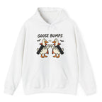 A white hoodie with a graphic of two geese in black and white costumes with orange beaks, under the text 'GOOSE BUMPS'. 