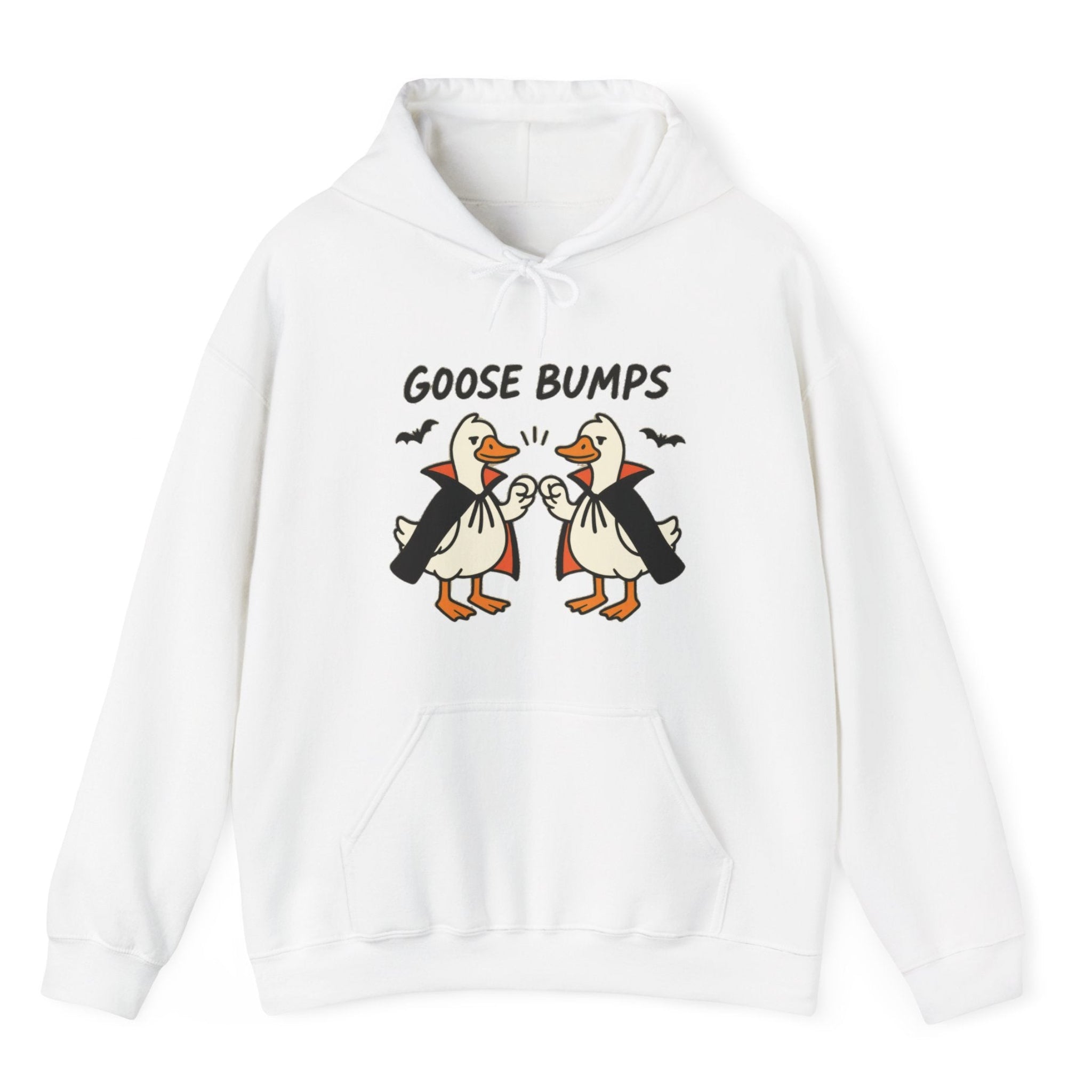 A white hoodie with a graphic of two geese in black and white costumes with orange beaks, under the text 'GOOSE BUMPS'. 