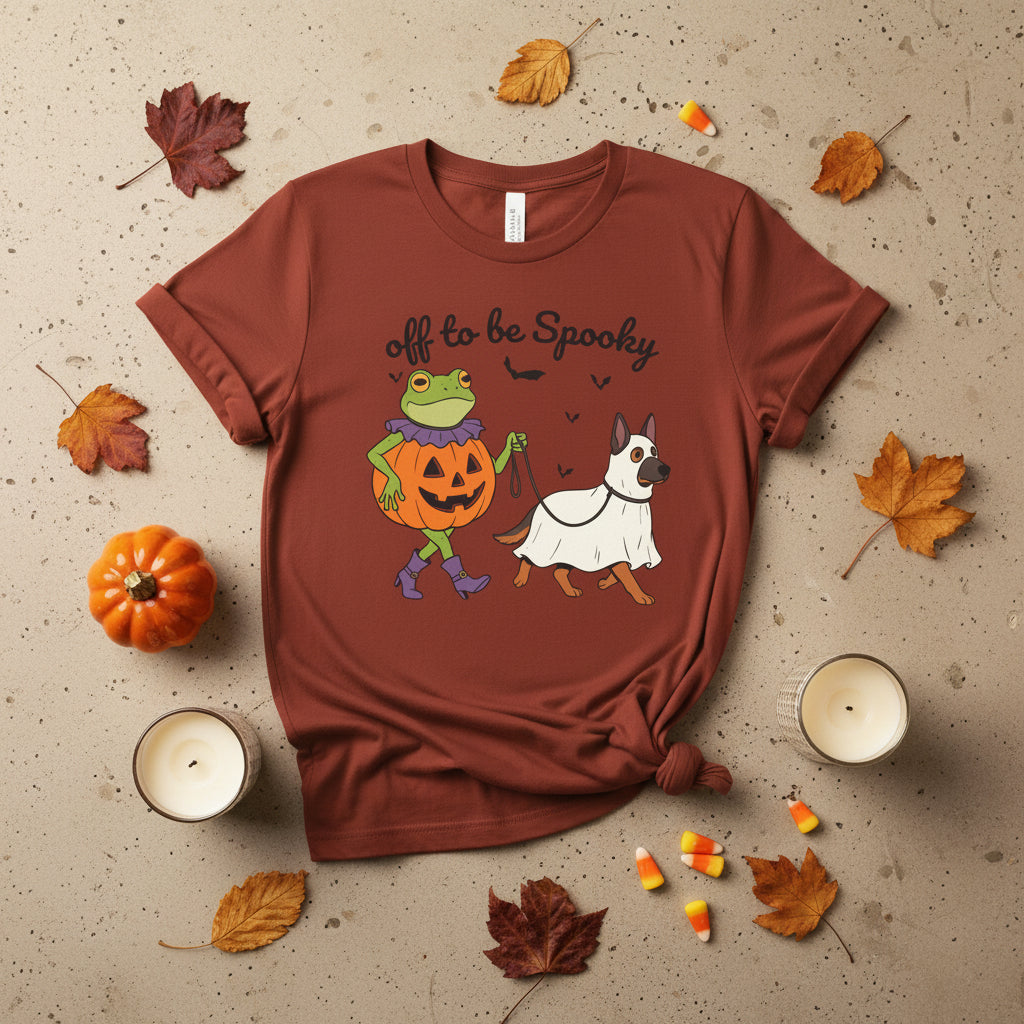 An autumn short-sleeve crewneck t-shirt featuring a Halloween graphic of a green frog in a pumpkin costume and a white dog in a ghost costume, with the text 'off to be Spooky' above them.