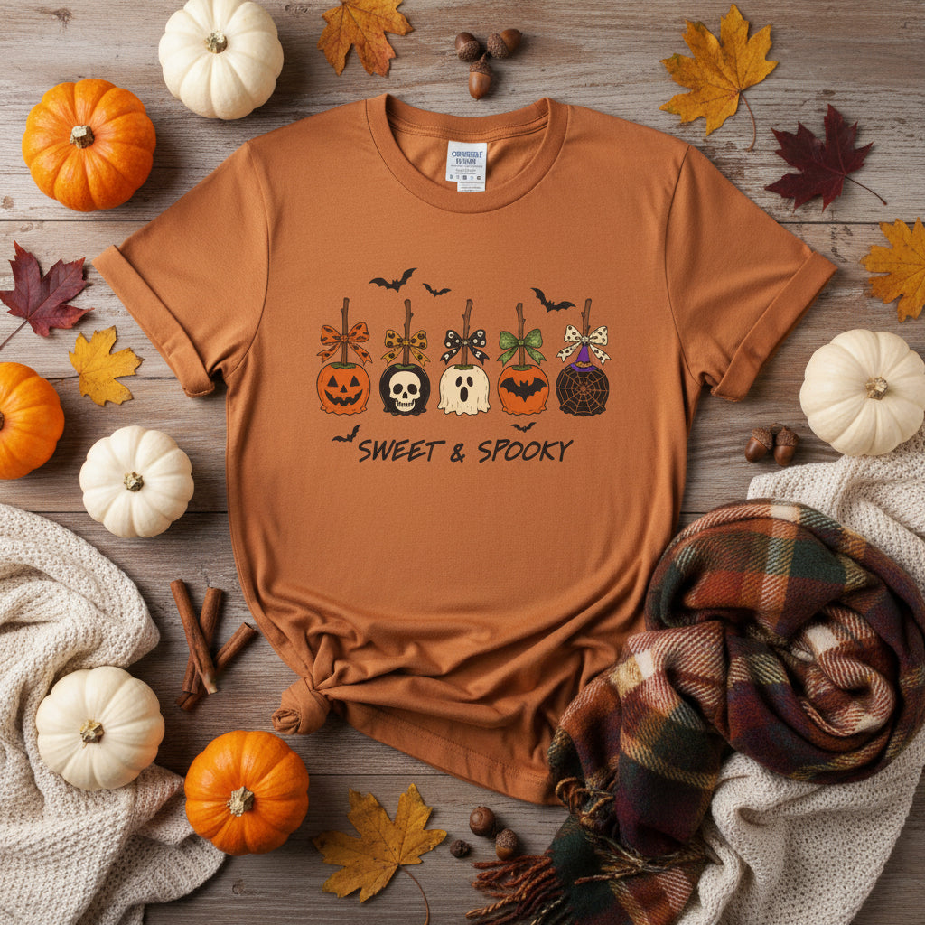An orange short-sleeve crewneck t-shirt featuring a 'Sweet & Spooky' Halloween graphic on the chest with jack-o'-lanterns, a skull, a ghost, a spider, and bats.