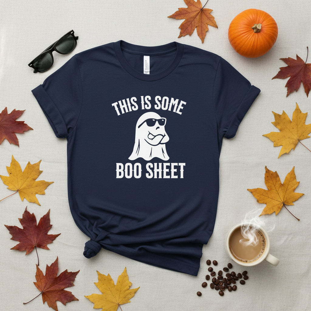 Black t-shirt with white ghost wear glasses and the text this is some boo sheet
