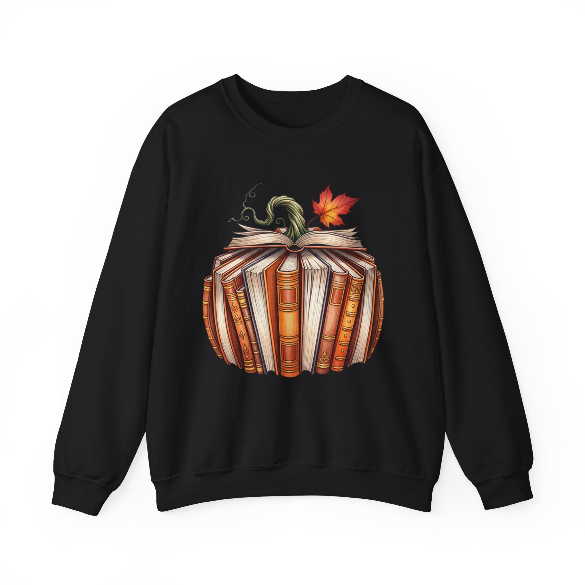 A black crewneck sweatshirt featuring a graphic print of a pumpkin made of stacked open books with a green vine and an orange autumn leaf on top, shown against a plain white background.