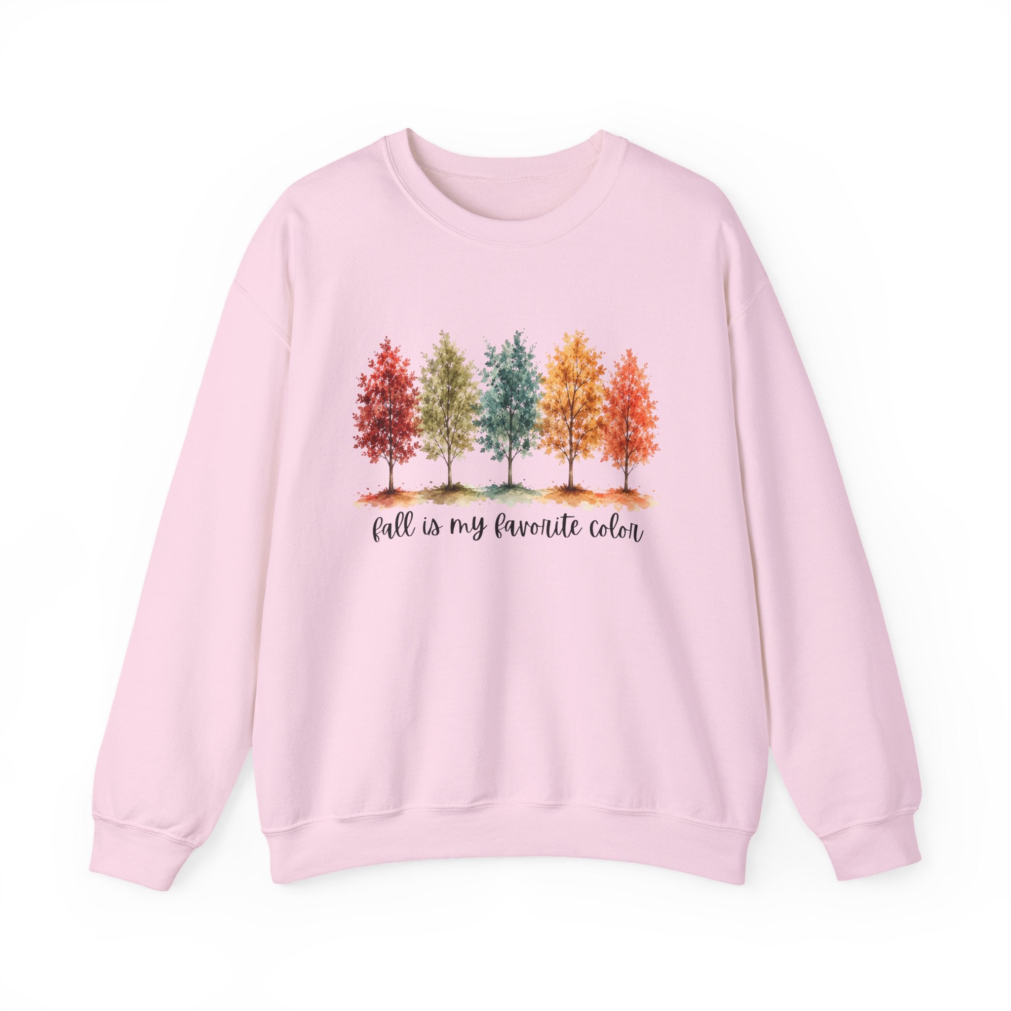 A light pink crewneck sweatshirt featuring a graphic of five colorful autumn trees with the text 'fall is my favorite color' printed below, displayed on a clean white background.