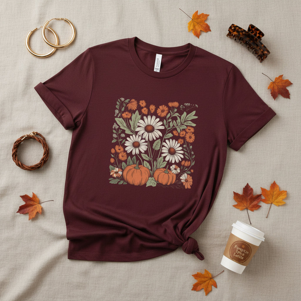 A maroon short-sleeve crewneck t-shirt featuring a square graphic print of an autumn floral design with daisies, pumpkins, and orange flowers on a white background.