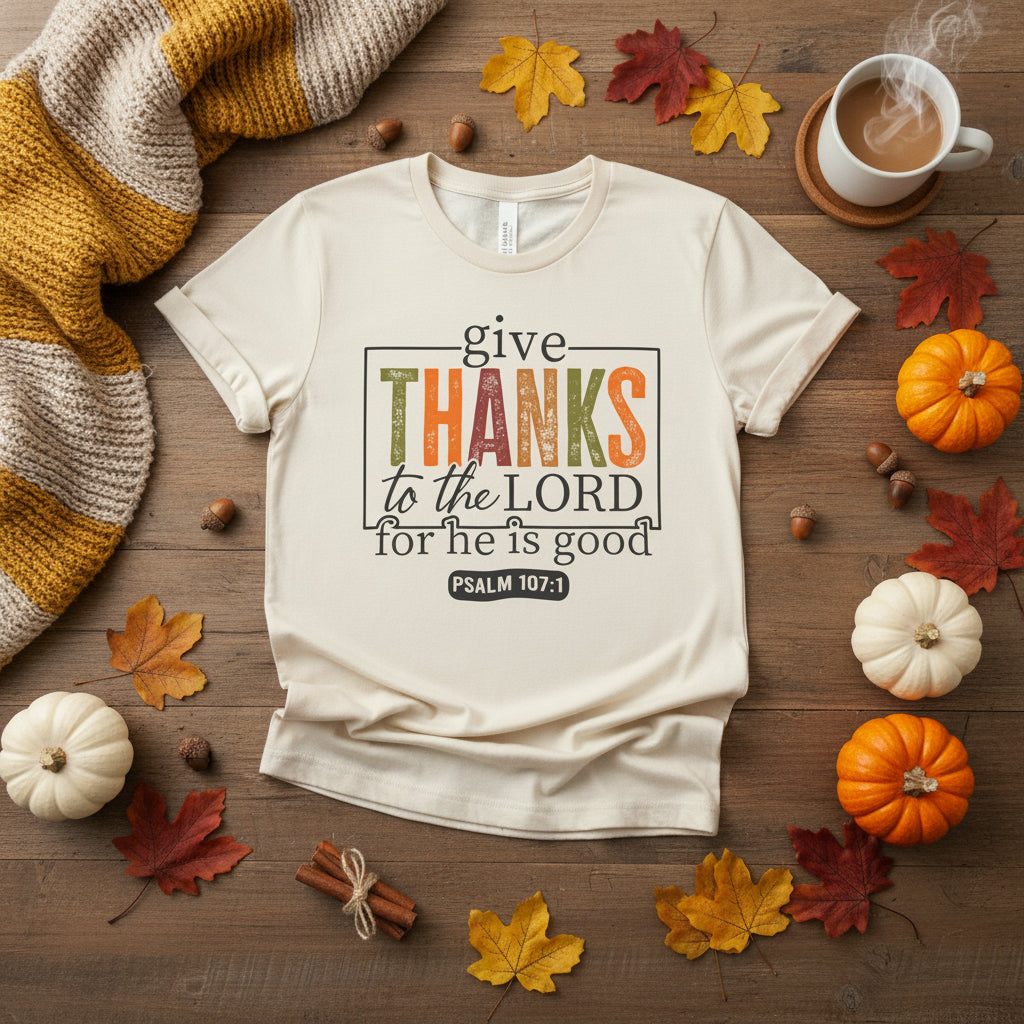 An off-white short-sleeve t-shirt with a graphic print on the front that reads 'give THANKS to the LORD for he is good PSALM 107:1'. The word 'THANKS' is styled in a distressed, multi-colored block font (green, brown, orange, red).