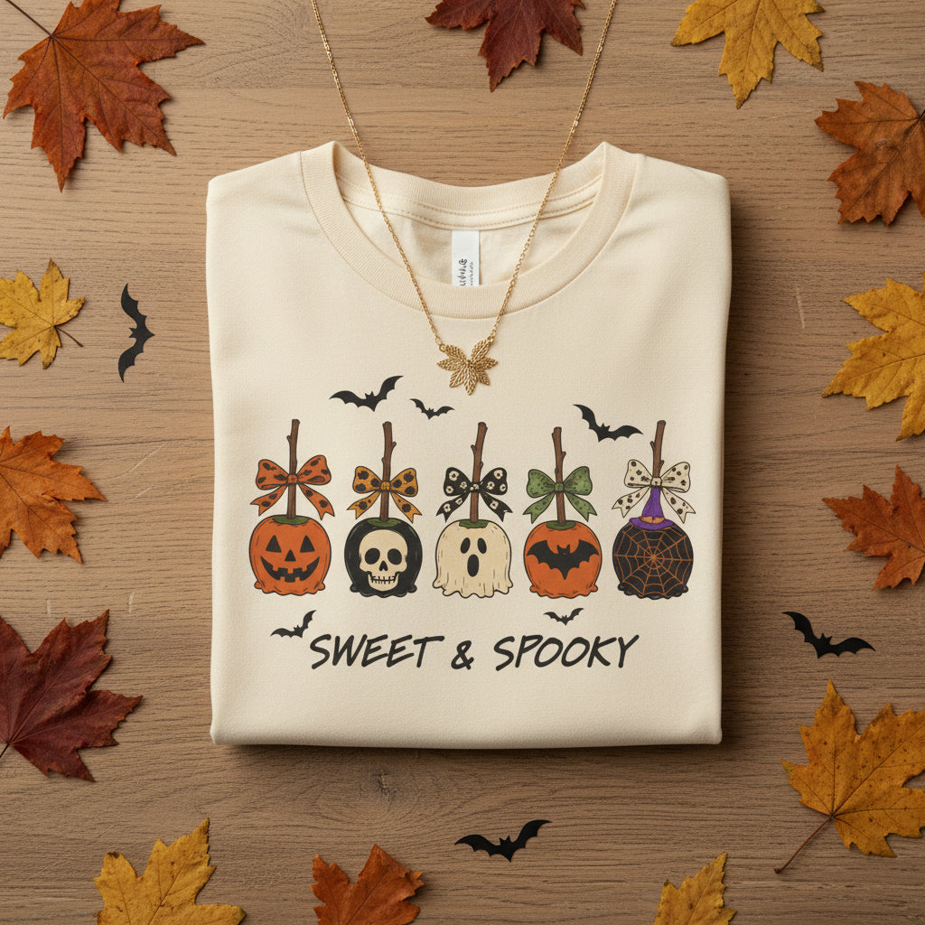 Halloween 'Sweet & Spooky' T-Shirt — Candy Apple & Pumpkin Halloween Tee