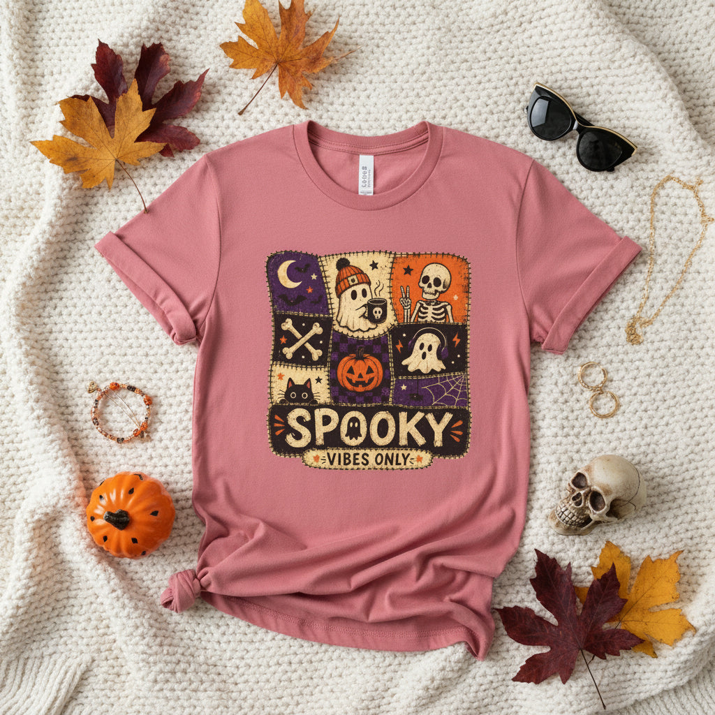 A dusty rose pink short-sleeve t-shirt with a central square graphic featuring Halloween-themed patchwork squares (ghosts, skeletons, jack-o'-lanterns, a crescent moon) and the text 'SPOOKY VIBES ONLY'.