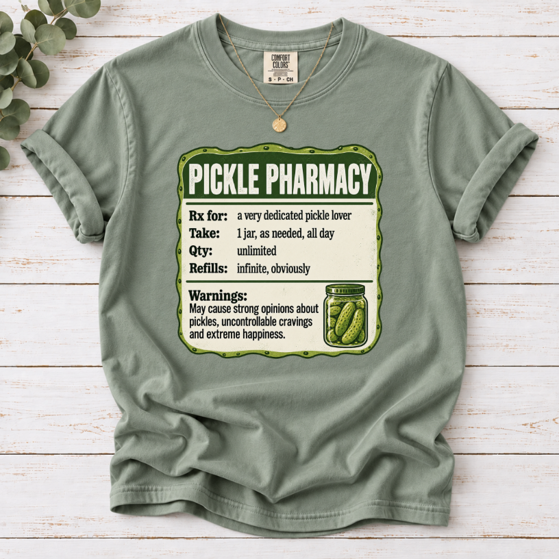 Pickle Pharmacy Prescription Label Funny T-Shirt | Pickle Lover Novelty Tee