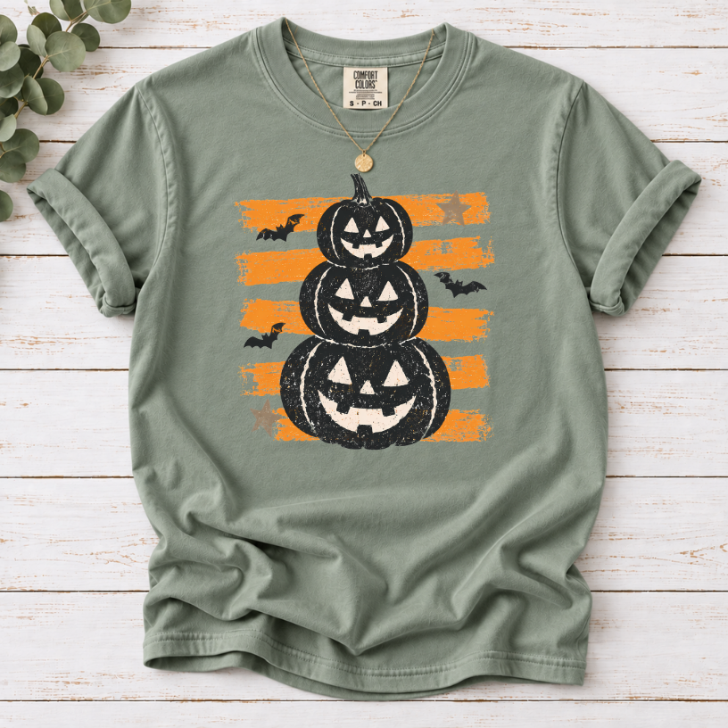 Stacked Jack-o'-Lanterns Pumpkin Stripe T-shirt | Halloween Tee