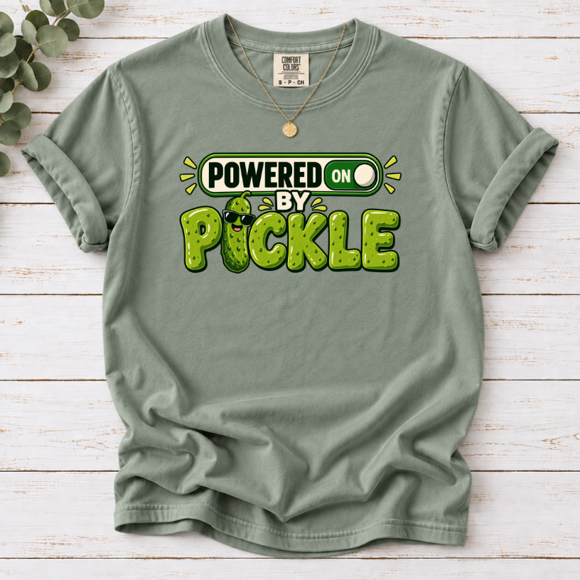 Powered by Pickles T-Shirt – Funny Pickle Lover Graphic Tee
