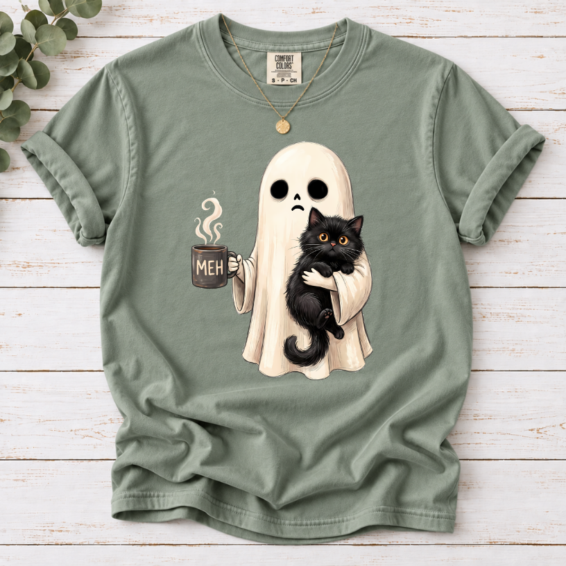 Ghost with Black Cat & Coffee Funny Halloween T-Shirt