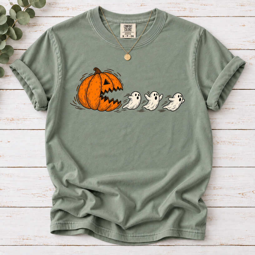 Pumpkin Chasing Ghosts Funny Halloween T-Shirt