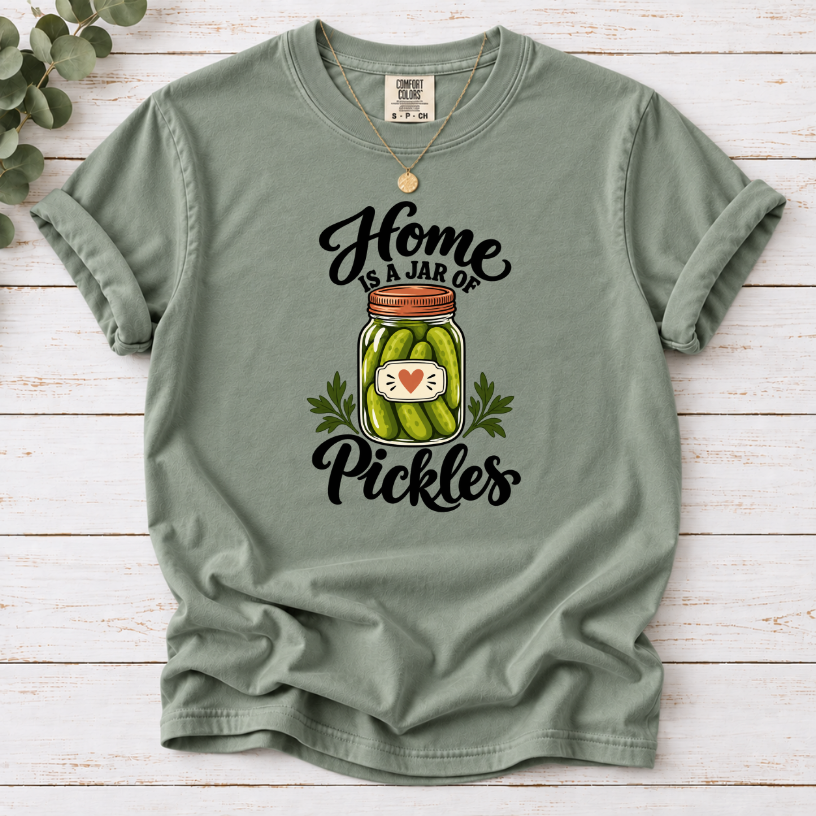 Bay T-shirt with a heart-labeled pickle jar graphic and black ‘Home Is a Jar of Pickles’ lettering