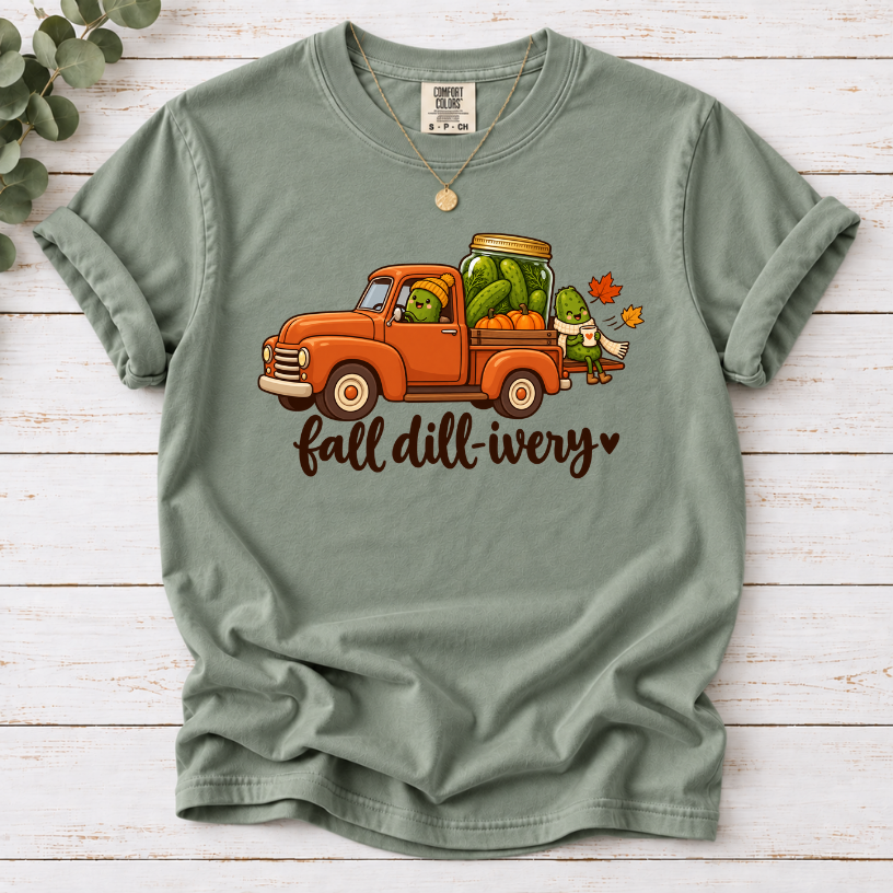 Bay Fall dill-ivery’ tee featuring an orange vintage truck, pickle characters, a pickle jar, pumpkins and autumn leaves