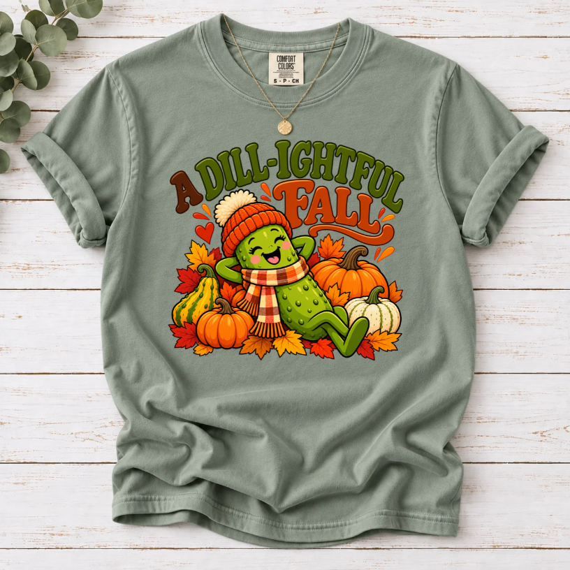 Bay A Dill-ightful Fall T-shirt with a smiling pickle in a beanie and plaid scarf among pumpkins and autumn leaves.