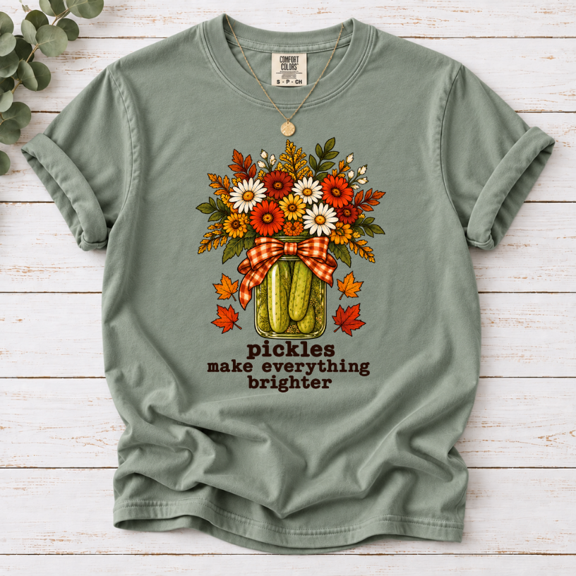 Bay tee with pickle jar flower bouquet, gingham bow and the text “pickles make everything brighter”