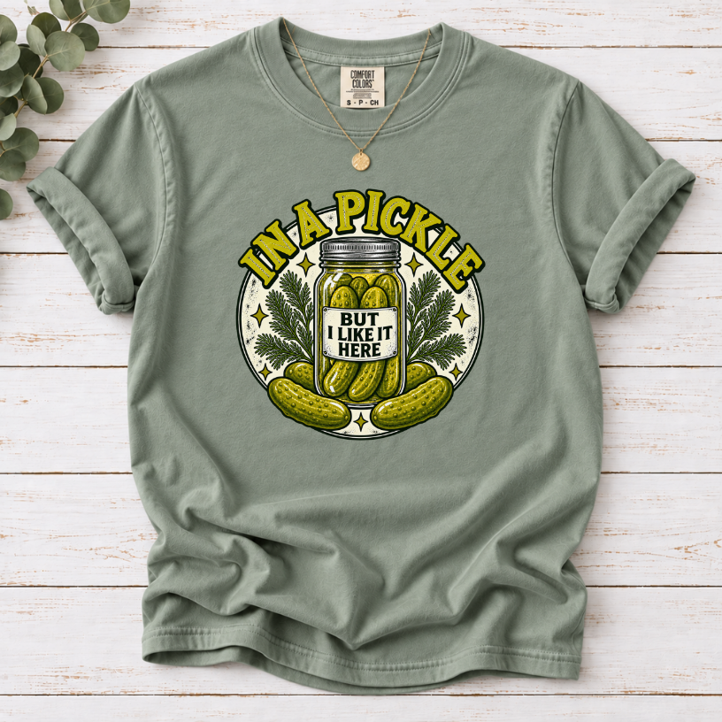 In A Pickle (But I Like It Here) T-Shirt – Vintage Pickle Jar Graphic Tee