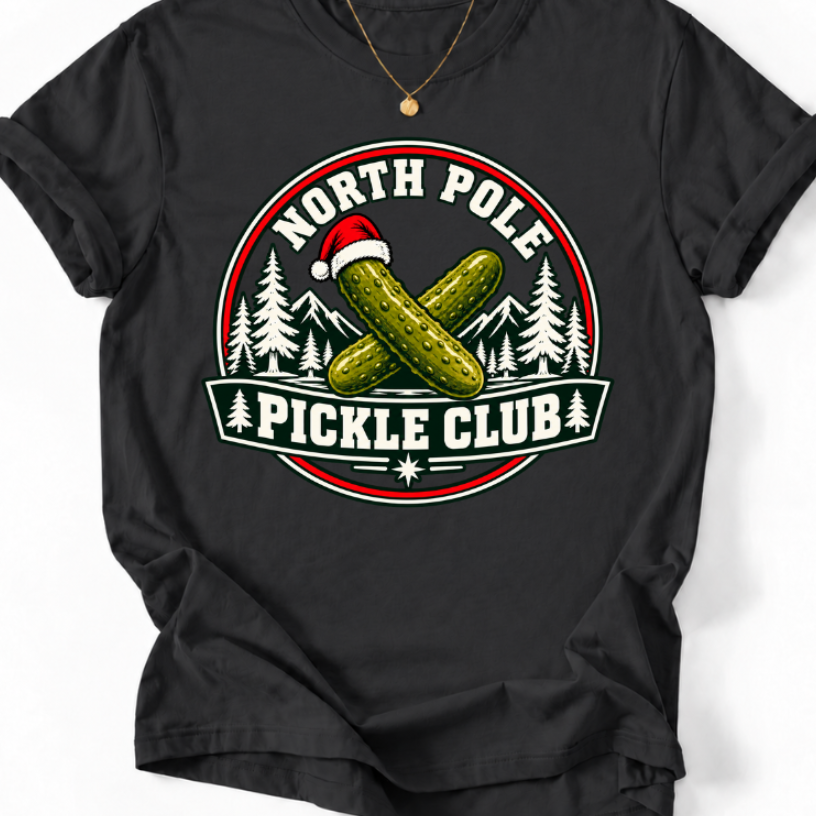 Black North Pole Pickle Club’ T-shirt with crossed pickles, a Santa hat, snowy pine trees, and mountains.