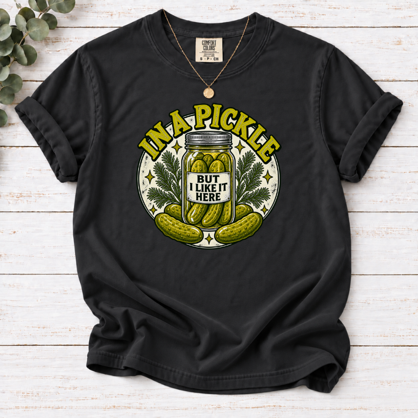In A Pickle (But I Like It Here) T-Shirt – Vintage Pickle Jar Graphic Tee