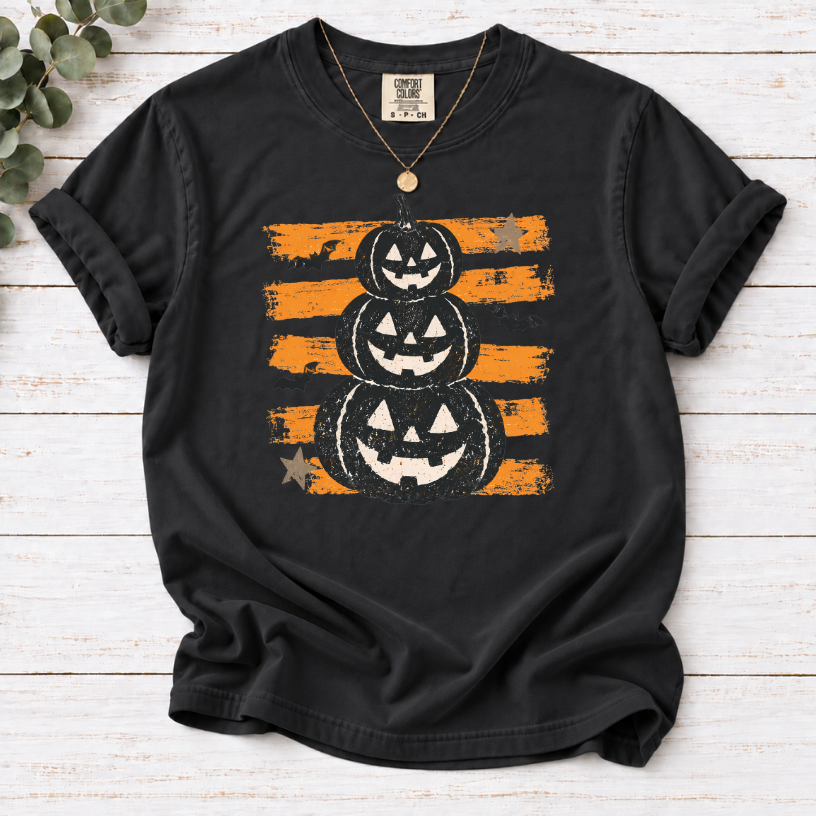 Stacked Jack-o'-Lanterns Pumpkin Stripe T-shirt | Halloween Tee