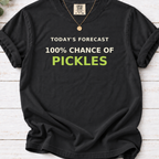  black T-shirt with a ‘100% chance of pickles’ forecast design. 
