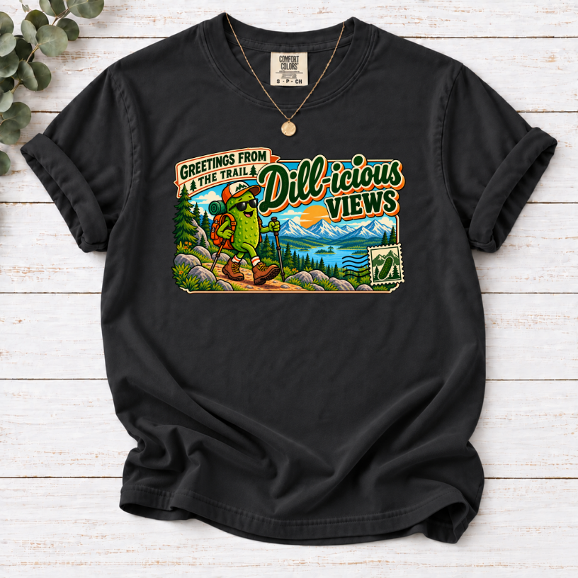 Dill-icious Views Pickle Hiking T-Shirt – Funny Outdoor Adventure Tee