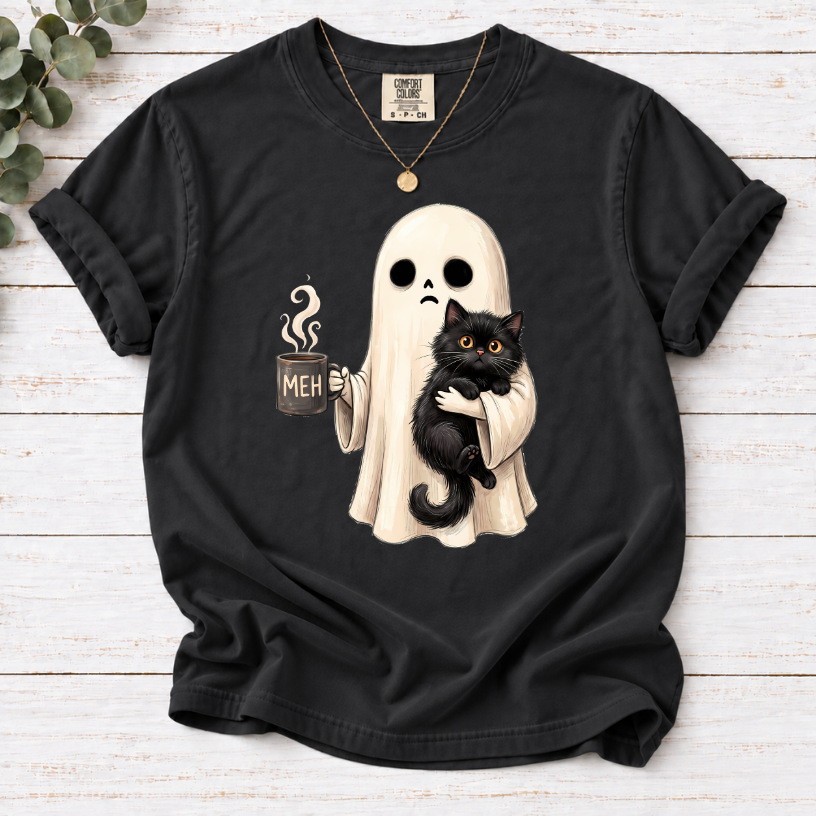 Ghost with Black Cat & Coffee Funny Halloween T-Shirt