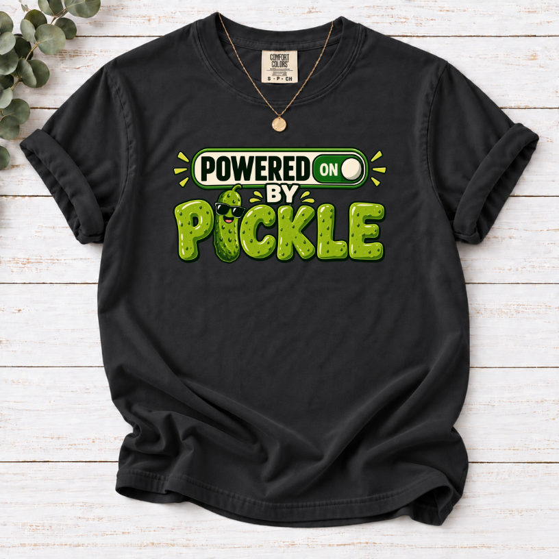 Powered by Pickles T-Shirt – Funny Pickle Lover Graphic Tee