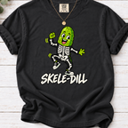 Black Skele-Dill T-shirt featuring a dancing pickle in a skeleton costume with SKELE-DILL lettering