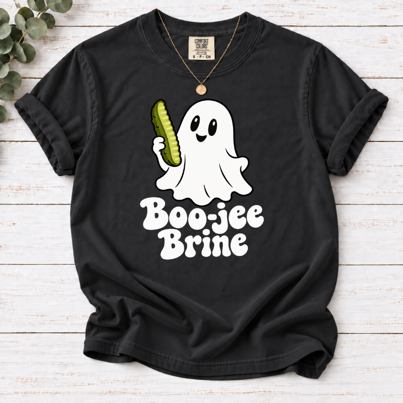 Black Boo-jee Brine T-shirt featuring a smiling white ghost holding a green pickle above white lettering
