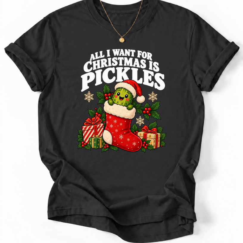 Black T-shirt with ‘All I Want for Christmas Is Pickles’ and a Santa-hat pickle in a red stocking.