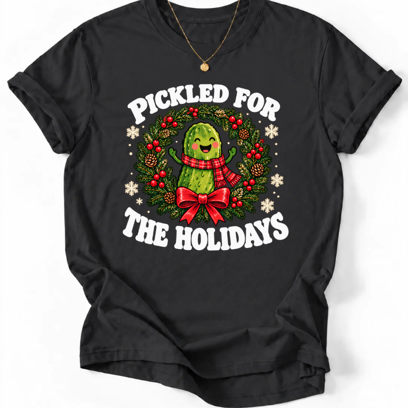 Black Pickled for the Holidays’ T-shirt with a smiling pickle in a red scarf inside a Christmas wreath.”