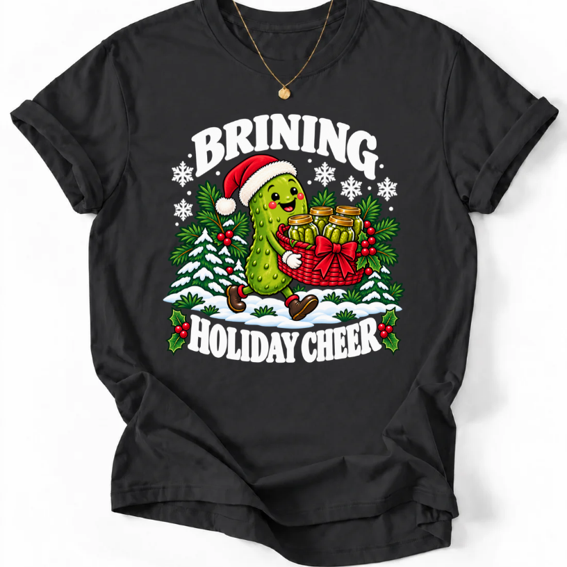 Black T-shirt with “Brining Holiday Cheer” lettering and a smiling pickle wearing a Santa hat, carrying a basket of pickle jars.