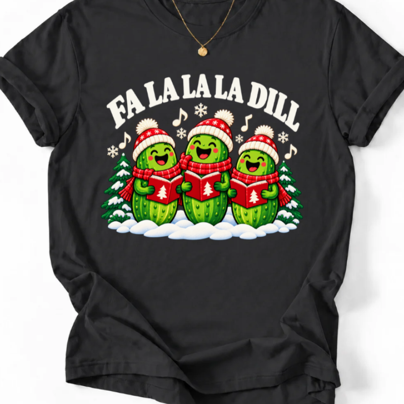 Black T-shirt with “Fa La La La Dill” text and three pickle carolers wearing red hats and scarves, holding songbooks.