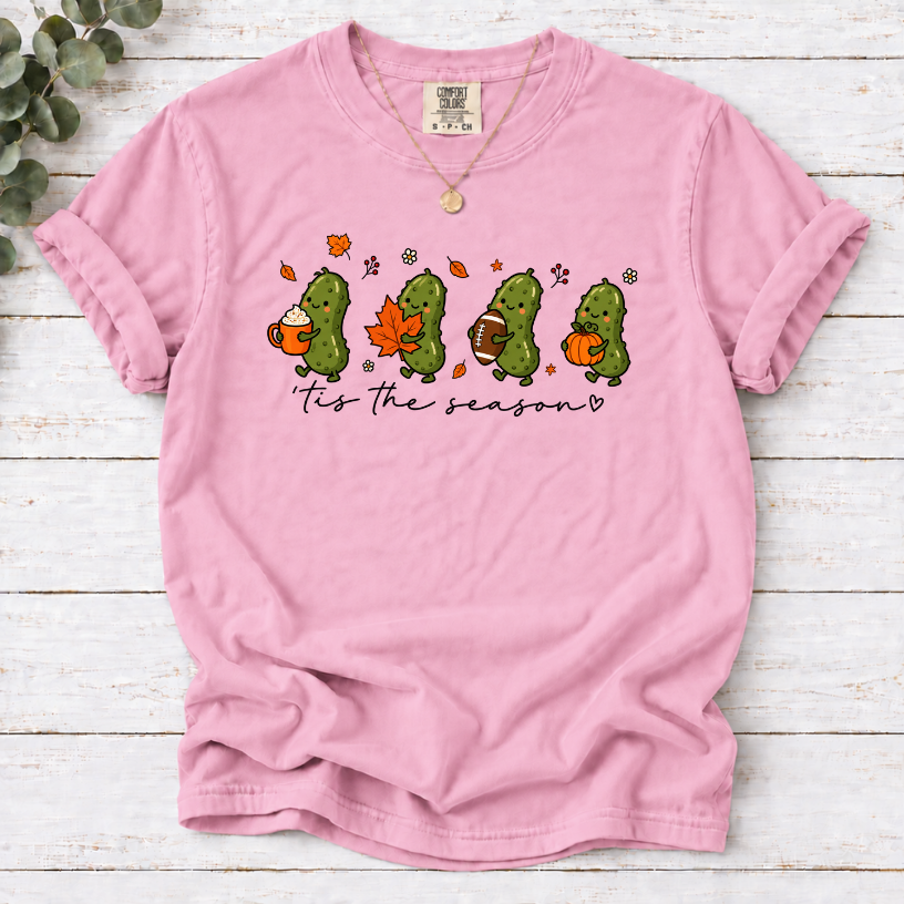 Blossom tis the season tee with four pickles holding a latte, maple leaf, football and pumpkin.