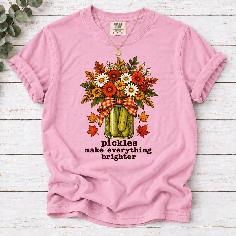Blossom tee with pickle jar flower bouquet, gingham bow and the text “pickles make everything brighter”