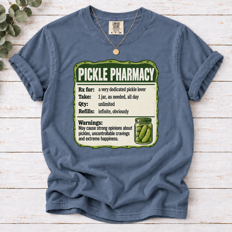 Pickle Pharmacy Prescription Label Funny T-Shirt | Pickle Lover Novelty Tee