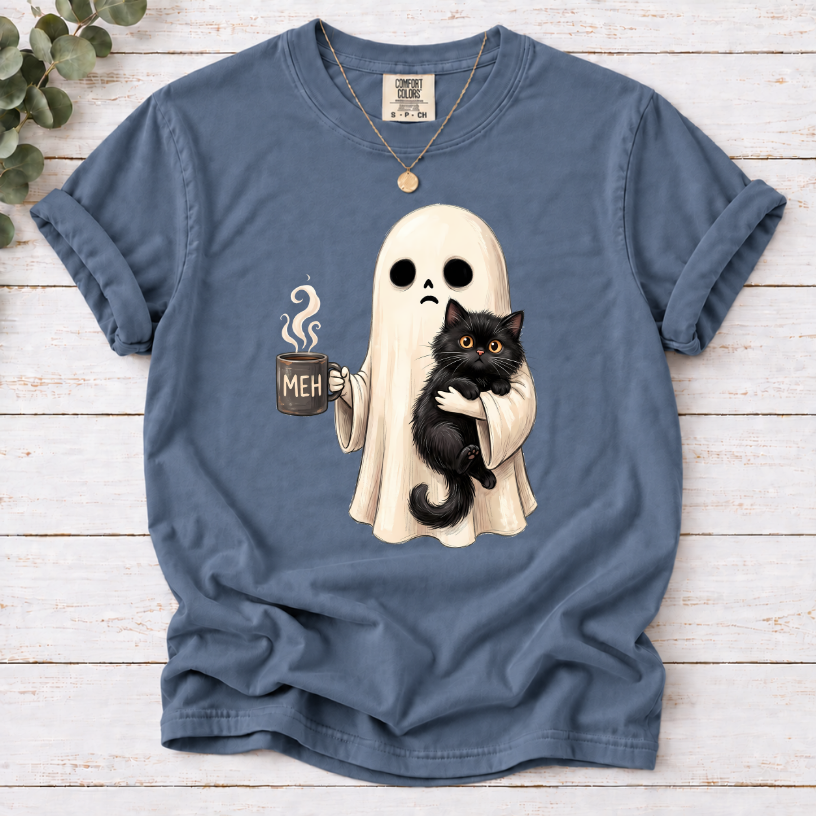 Ghost with Black Cat & Coffee Funny Halloween T-Shirt