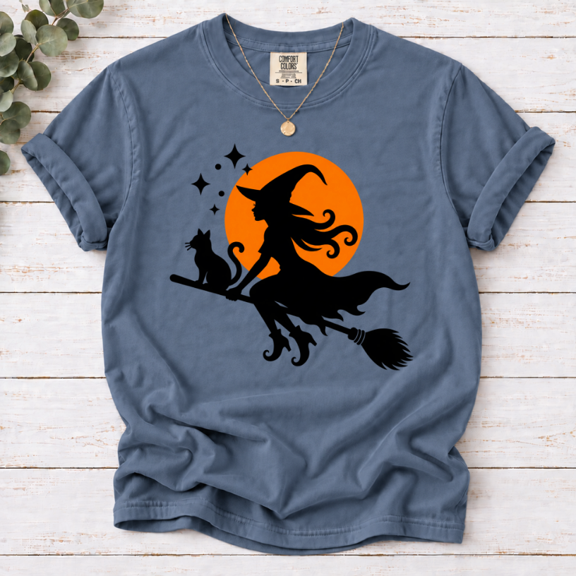 Witch & Cat Moon T-Shirt — Halloween Witch Silhouette Tee