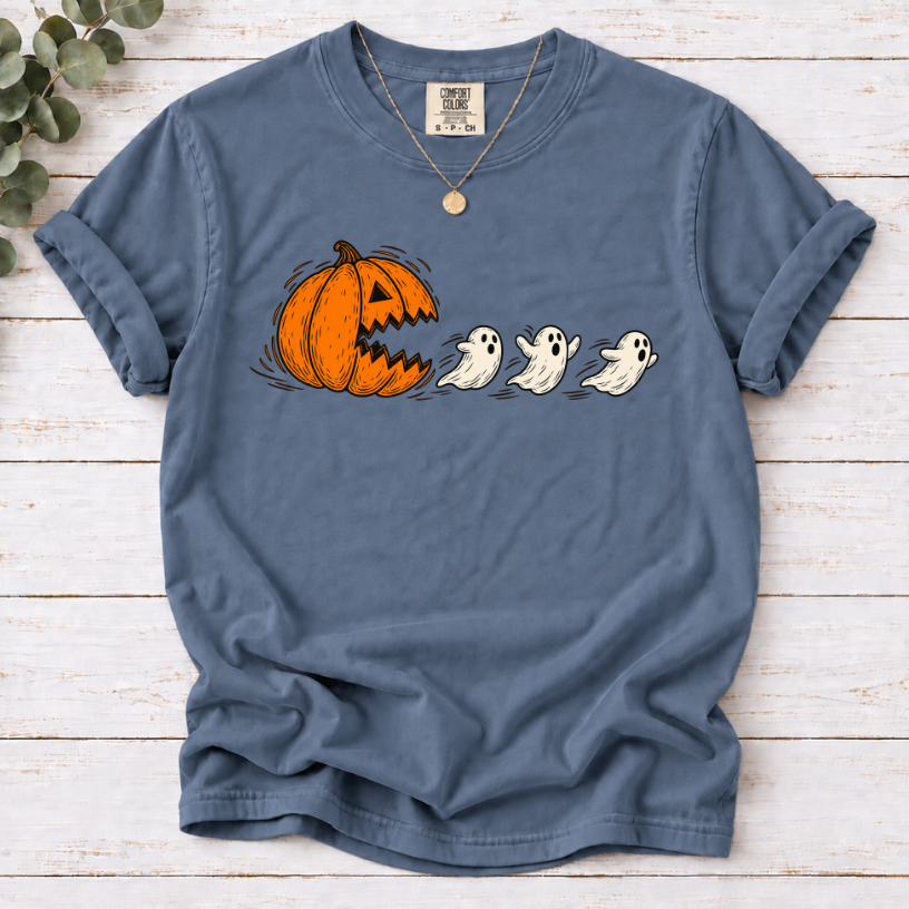 Pumpkin Chasing Ghosts Funny Halloween T-Shirt