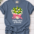Blue Jean T-shirt with a pickle and daisy bouquet, pink bow, and white ‘Pickles Instead of Flowers’ lettering