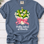 Blue Jean T-shirt with a pickle and daisy bouquet, pink bow, and white ‘Pickles Instead of Flowers’ lettering