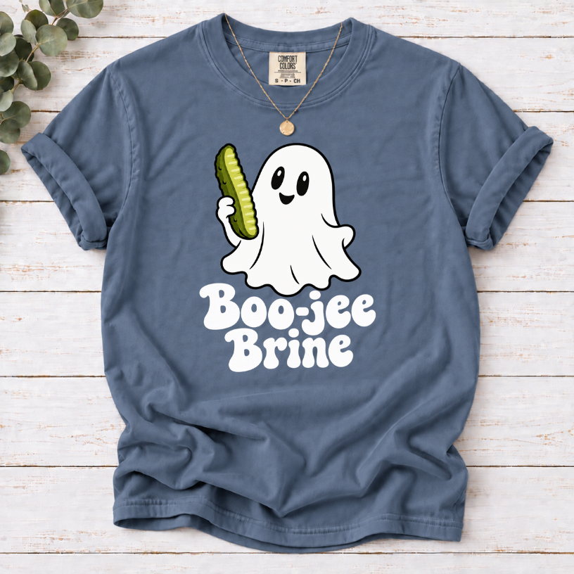 Blue Jean Boo-jee Brine T-shirt featuring a smiling white ghost holding a green pickle above white lettering