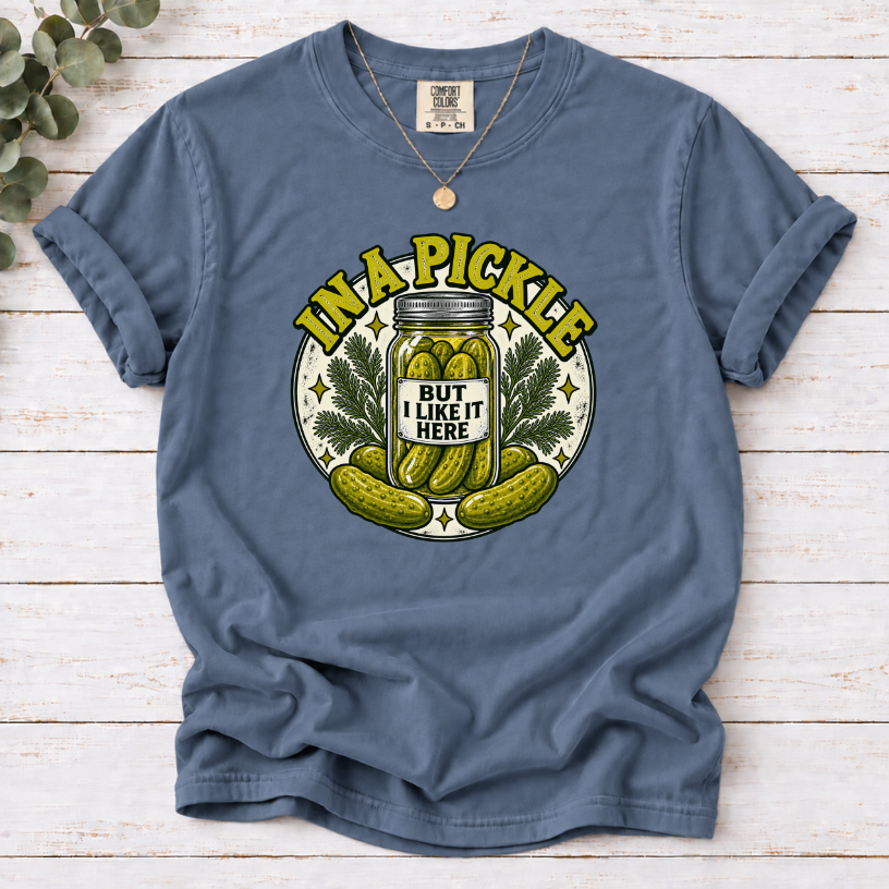 In A Pickle (But I Like It Here) T-Shirt – Vintage Pickle Jar Graphic Tee