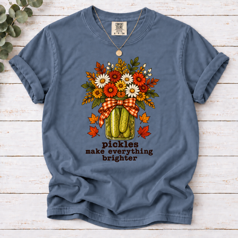Blue Jean tee with pickle jar flower bouquet, gingham bow and the text “pickles make everything brighter”