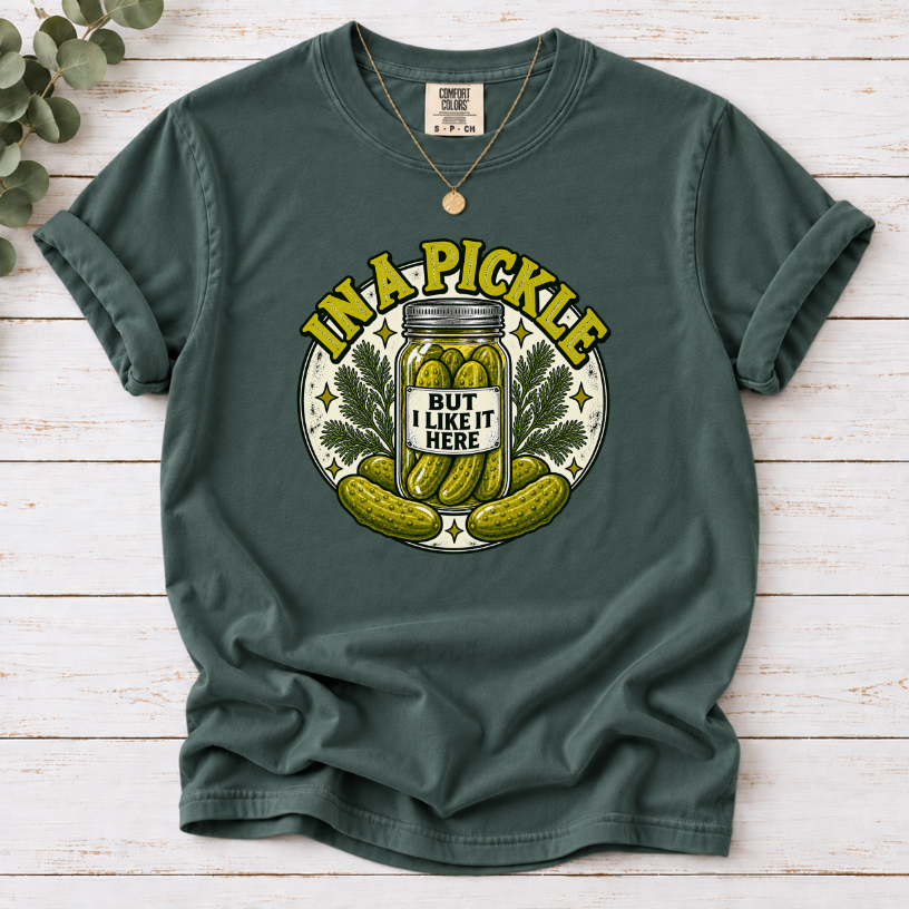 In A Pickle (But I Like It Here) T-Shirt – Vintage Pickle Jar Graphic Tee